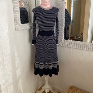 James Perse Navy Blue & White Wool Striped Knit Midi Dress